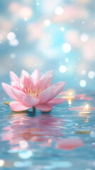 Stunning Macro Views of Pink Lotus Flowers Reflecting in Calm Water During Vesak Celebration With Tranquil Candles and Delicate Lighting