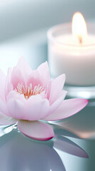 Serene Pink Lotus Flower Floating on Calm Water, Illuminated by Candlelight at Vesak Ceremony