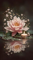 Beautiful Pink Lotus Flower Floating on Tranquil Water During Vesak With Glowing Candle and Serene Atmosphere