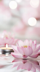 Serene Pink Lotus Flower Floating on Calm Water During Vesak With Glowing Candles and Ritual Ambiance