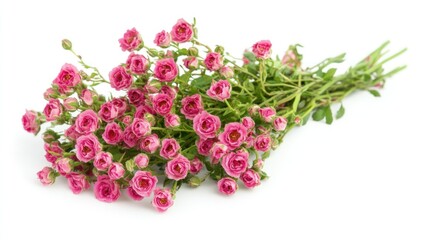 Obraz premium Delicate spray roses in vibrant pink blossoms with green foliage arranged on a clean, bright white