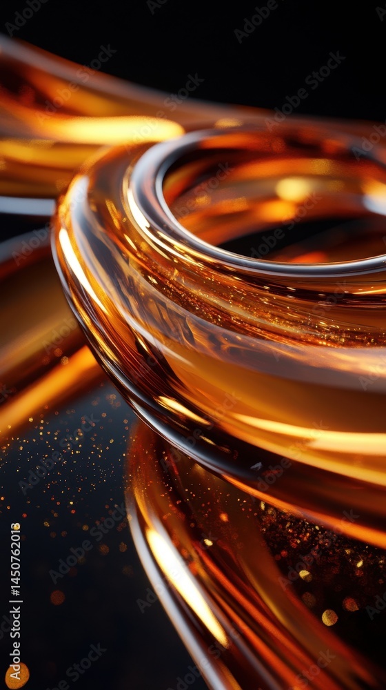 Poster luminous amber glass rings abstract design with sparkling bokeh on a dark background showcasing mode