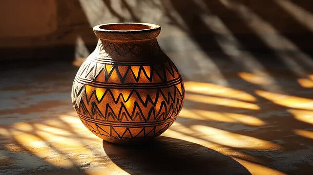Ornate pottery vase casting intricate shadows in a sunlit room with textured walls