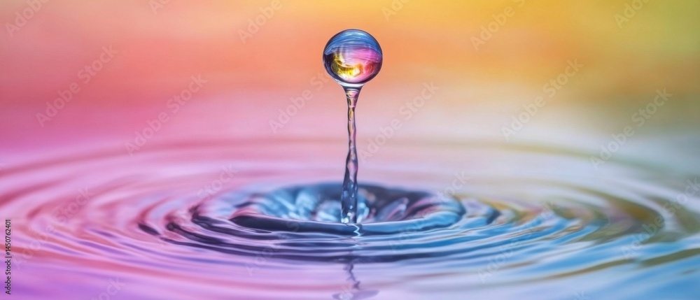 Poster captivating water drop collision on colorful water surface creating ripple effect with a macro lens 