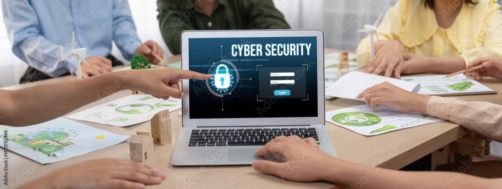 Poster cyber security system on computer screen protect private information brisk from hacker and cyber att
