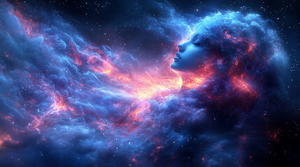 Fototapeta premium Serene female face emerges from vibrant nebula, cosmic energy swirls around her.