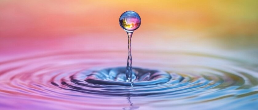 Captivating water drop collision on colorful water surface creating ripple effect with a macro lens and soft focus background showcasing liquid art and dynamic movement