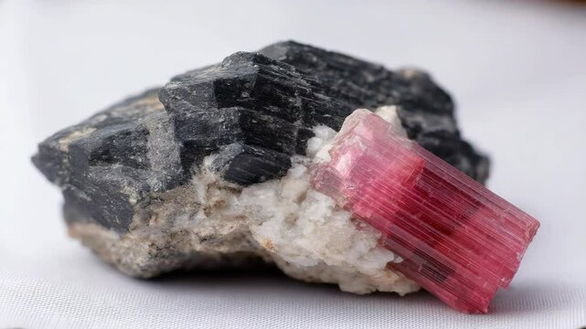 Elbaite tourmaline crystal specimen with pink and black colorations, nestled on a matrix of white feldspar minerals, natural gemstone, close up.