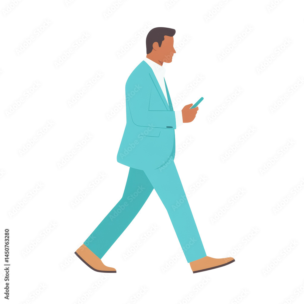Poster aqua suited man using a smartphone while in motion against isolated canvas