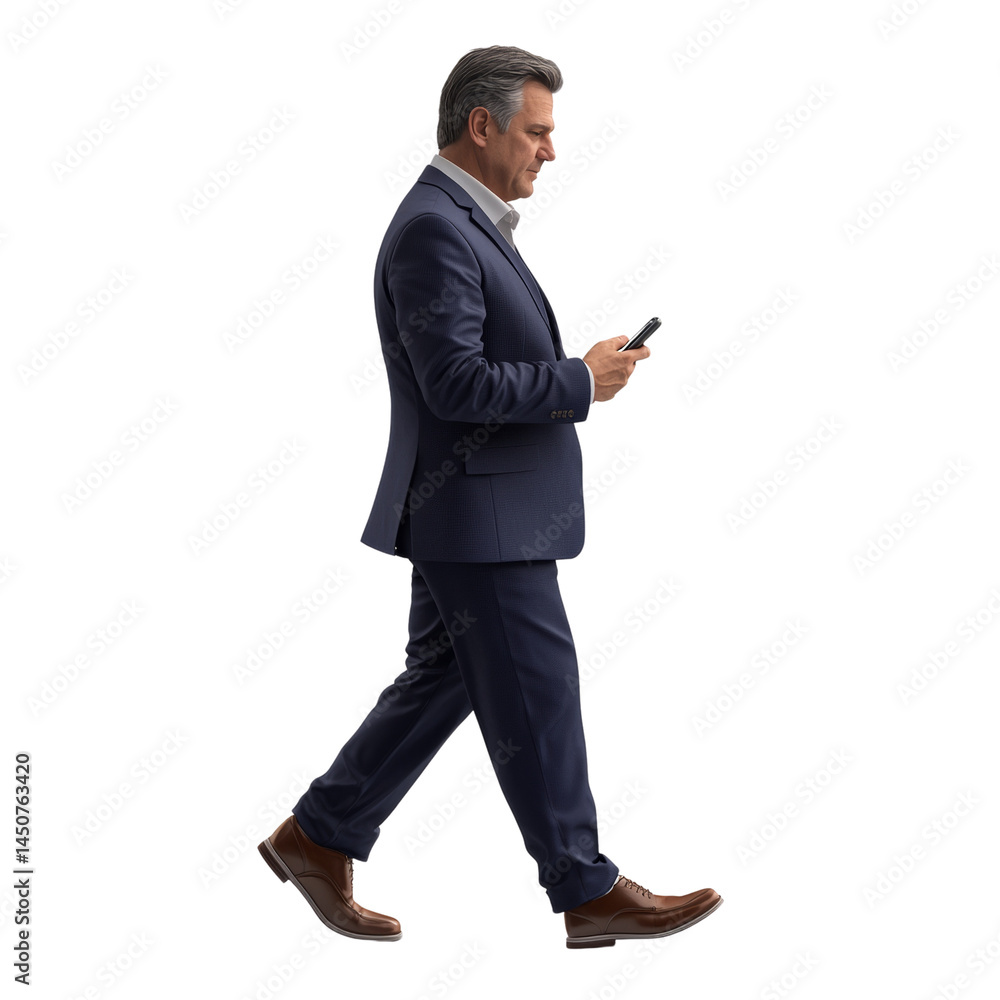 Poster professional businessman using a mobile device while walking, isolated cutout, ready to integrate in