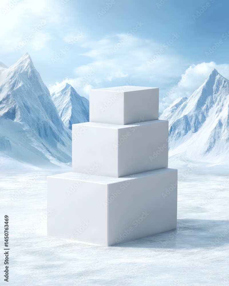 Poster serene winter scene featuring a minimalist white cube podium against a backdrop of snow capped mount