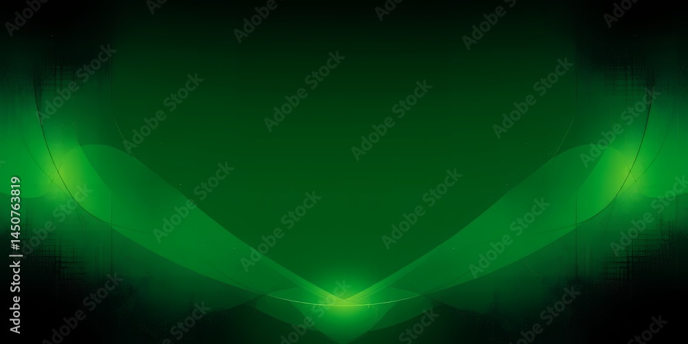 Poster abstract green background with glowing light rays emanating from the bottom corners up