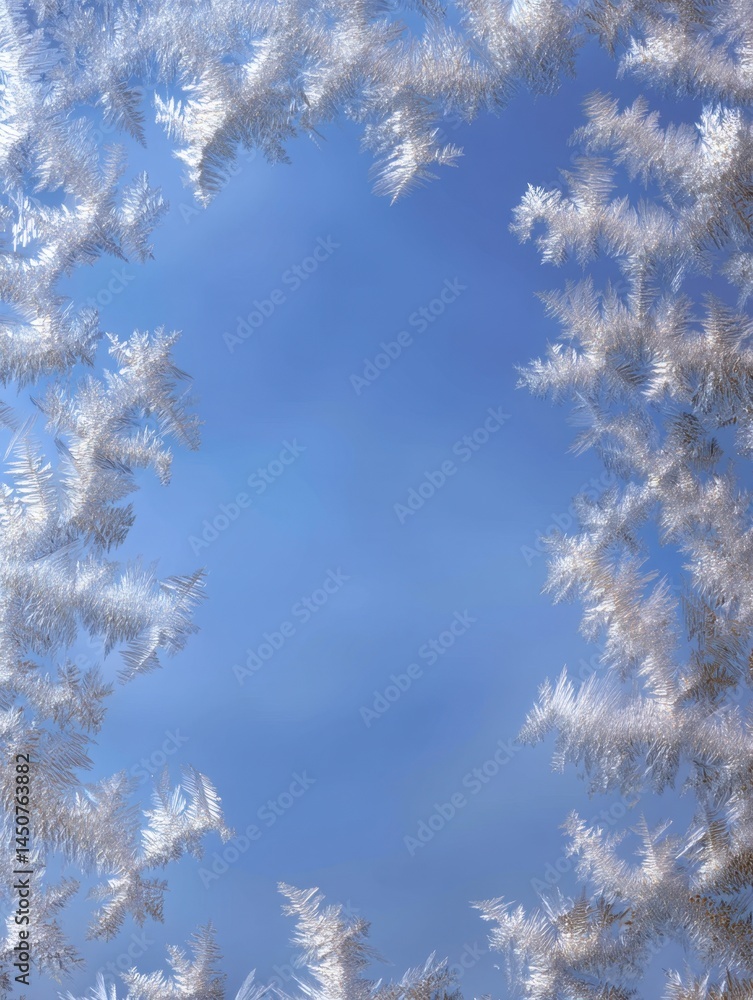 Poster delicate frost crystals adorn a windowpane framing a serene blue sky creating a captivating winter s