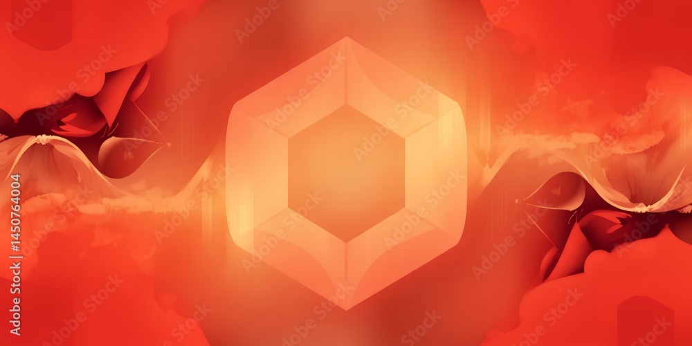 Poster abstract orange and red background with a central hexagon shape and soft light effects