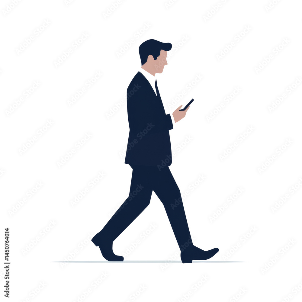 Poster minimalistic illustration of a business professional using a smartphone while walking forward on an 