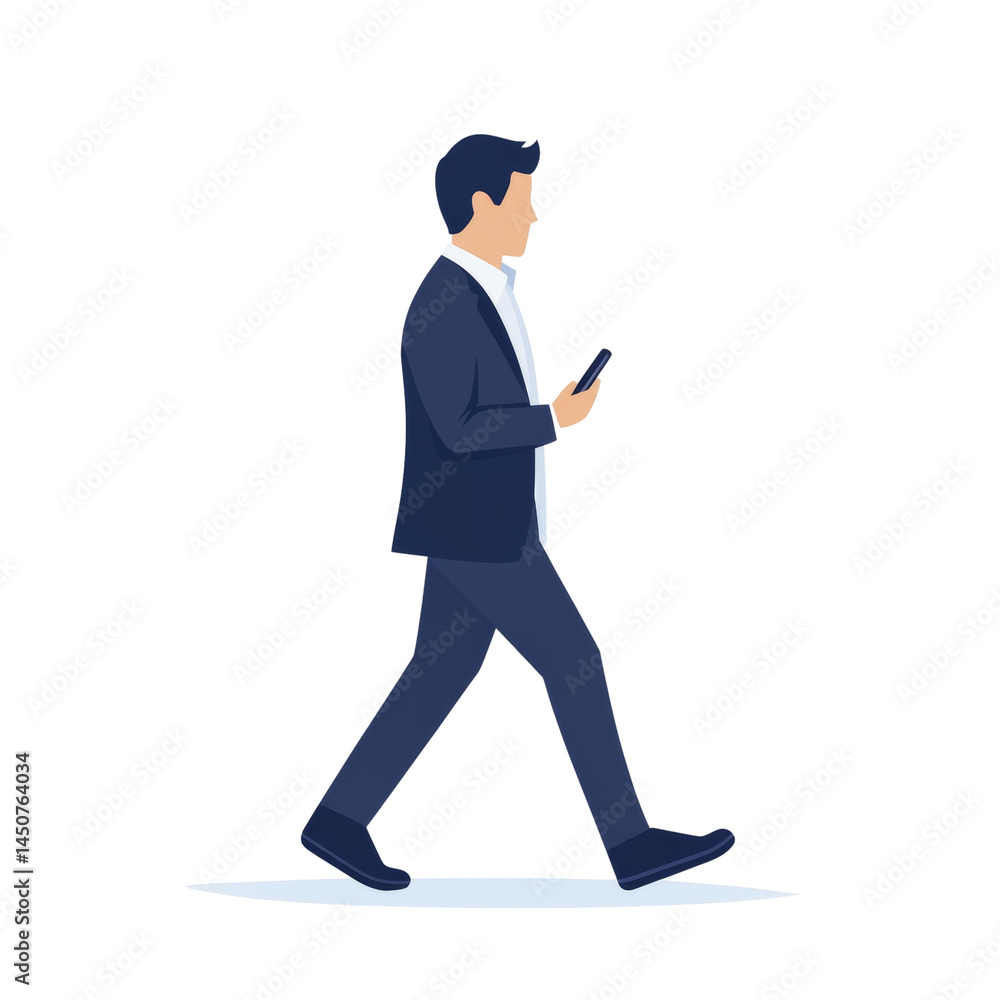 Poster a modern man walking while interacting with a mobile device on isolated backdrop