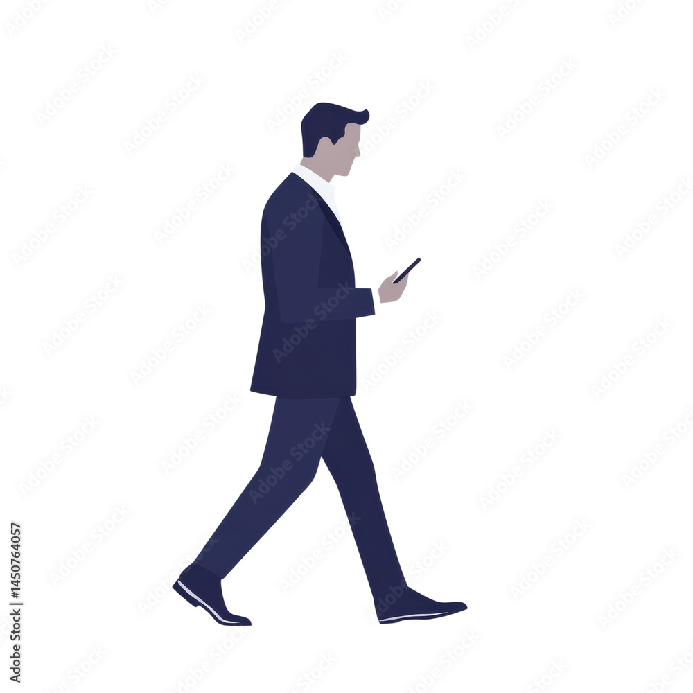 Poster silhouette illustration of a man in a suit walking and using a smartphone on an isolated background