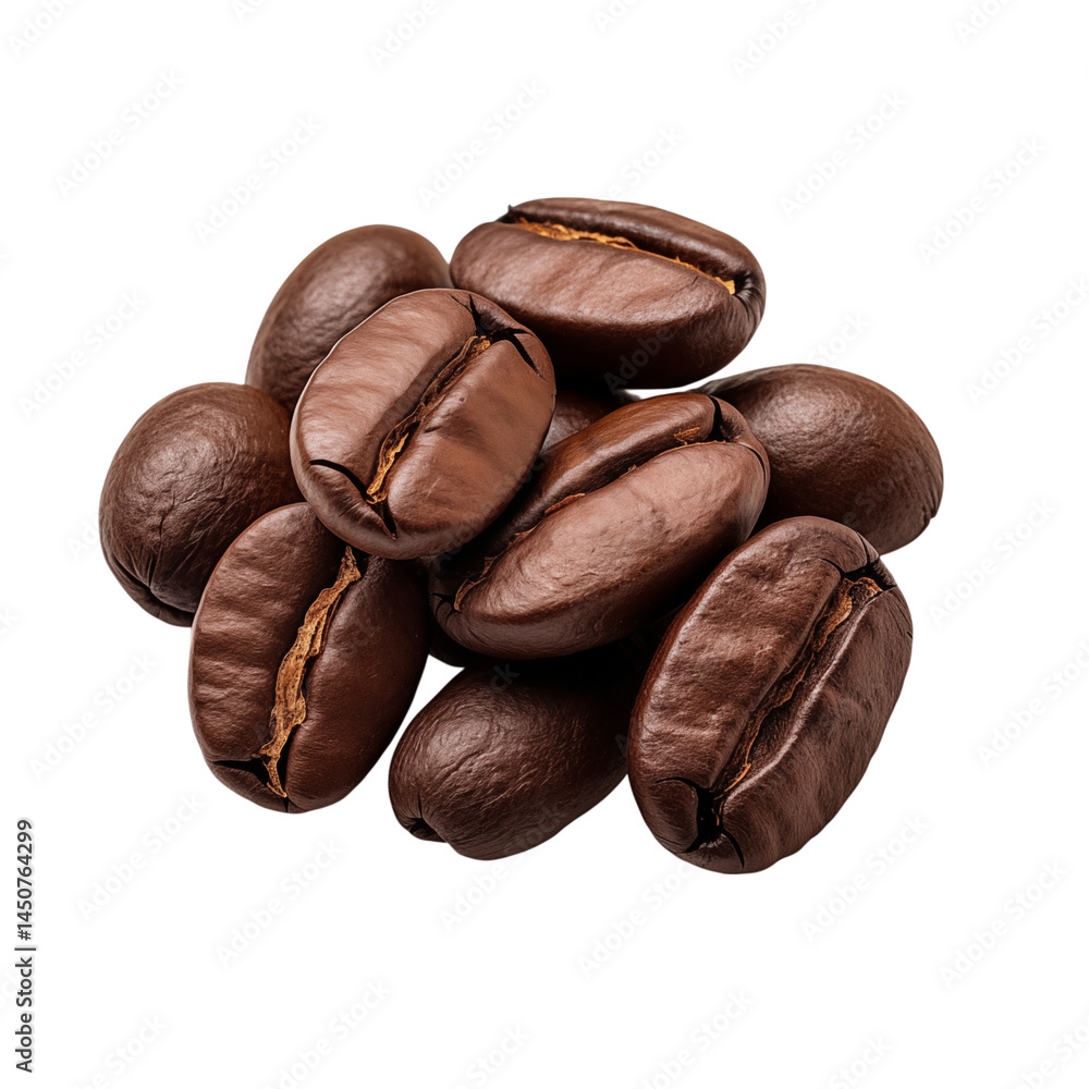 Poster a close up shot of a pile of roasted coffee beans on a in a studio setting view transparent backgrou
