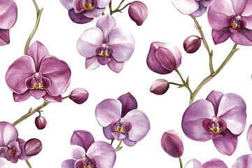 Intricate floral design of purple orchids on a white background.