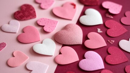 Fototapeta premium Glitter hearts scattered on pink and maroon with wave design
