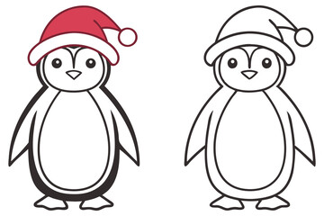 Two adorable penguin characters with one wearing a festive red Santa Claus hat