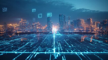 Businessman overlooking futuristic digital cityscape with virtual data interfaces.

 - Powered by Adobe