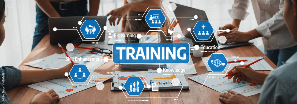 Leinwandbilder A dynamic training session featuring teamwork and e-learning tools, fostering knowledge enhancement and skills development in a collaborative educational environment. Amity
