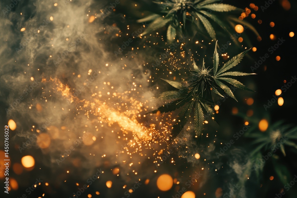 Aufkleber Abstract depiction of exploding cannabis leaves with vibrant colors and dynamic effects in a dark atmosphere, Isolated abstract exploding cannabis leaves Overlay Black background 29,97fps