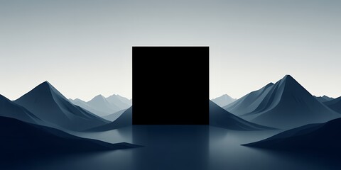 A black cube reflecting in water with a mountain range and a faded gray sky background