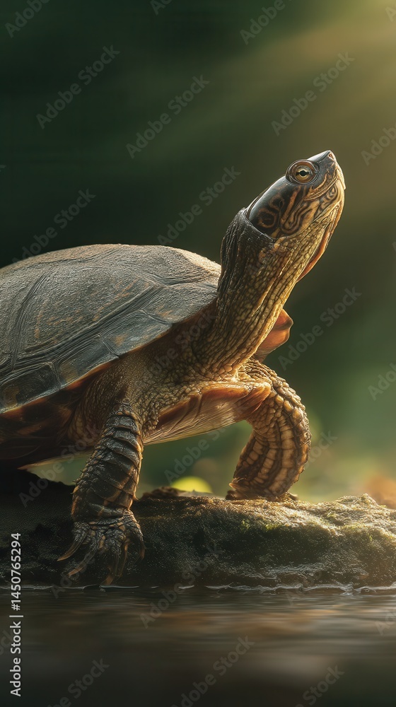 Poster captivating turtle gazing upward in serene nature with soft light illuminating its textured shell an