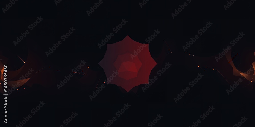Poster a dark scene featuring a red starburst shape in the center with faint lights around it all around