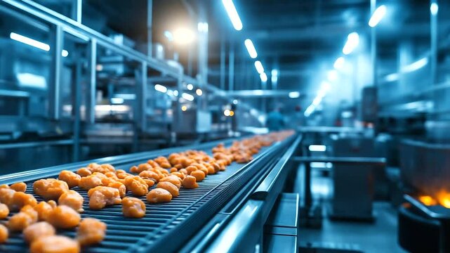 A temperature-controlled environment where fresh raw chicken pieces travel along a smooth conveyor belt, with safety protocols strictly enforced.