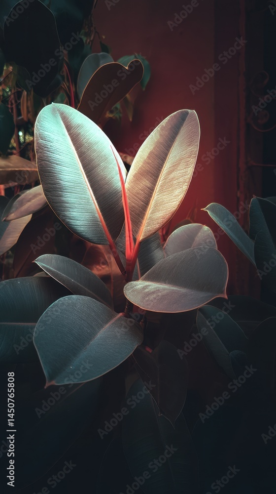 Poster close up of a vibrant ficus elastica plant showcasing its glossy leaves and red stem against a dark 