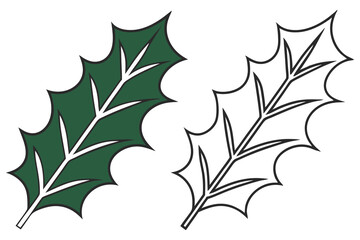 Green holly leaf with black outlines and a simple line art version stand side by side