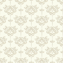 Naklejka premium Elegant seamless pattern with damask floral elements. Subtle beige background with vertical design ideal for wallpapers, textiles, and home decor.