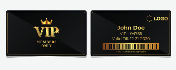 Luxury Black and Gold VIP Card Design – Premium Front and Back Template with Crown, Membership Info, Barcode and Invitation Only Access Pass