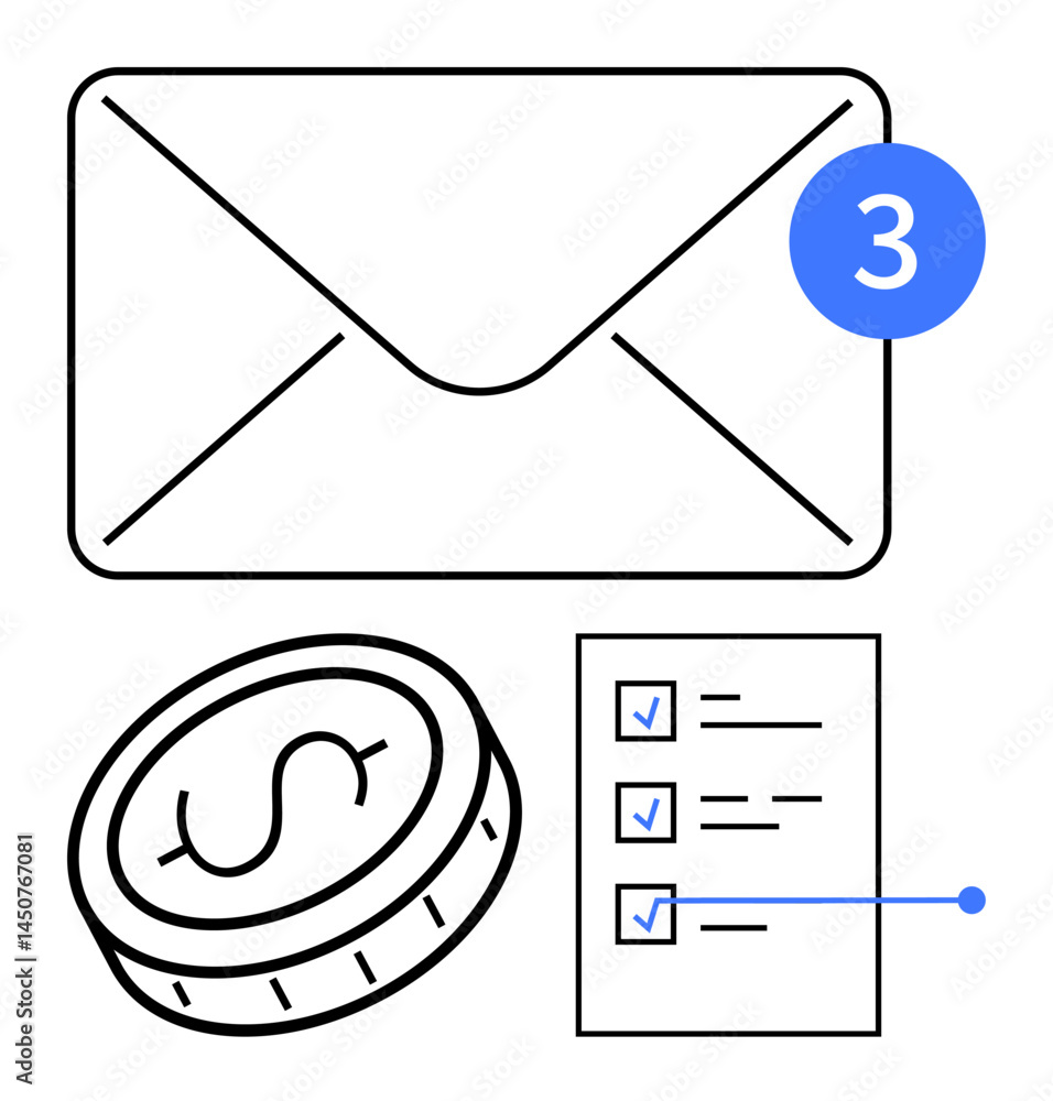 Aufkleber envelope with notification badge, coin symbolizing finance, checklist with marked tasks. ideal for c