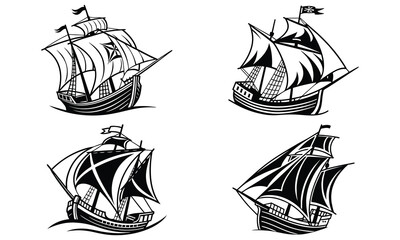 Vector art showcases a nautical set of old sailing ships and boats as isolated silhouettes on the sea, suggesting travel and adventure