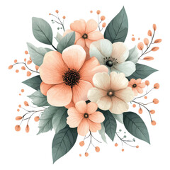 Pastel Orange and Cream Flowers Watercolor Bouquet Ideal for Elegant Wedding Invitations, Home Decor and Botanical Designs