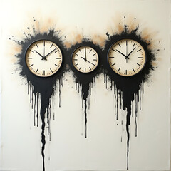 Abstract Clock Triptych with Black Paint Drips