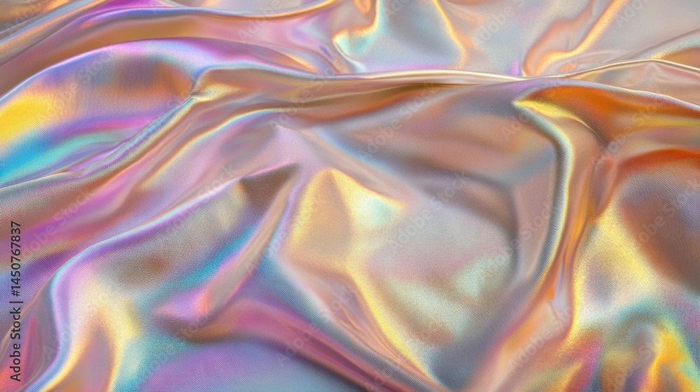 Poster iridescent textile with flowing folds and vibrant colors creating a futuristic abstract design and a