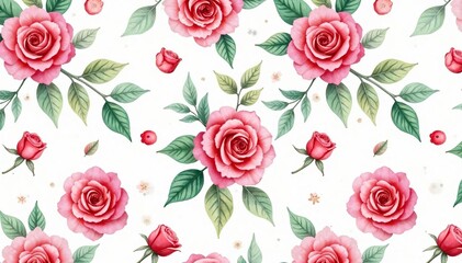 Delicate watercolor roses & leaves, repeat pattern, floral seamless, flowers, seamless flower
