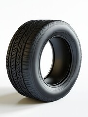 Obraz premium Sleek Black Tire on White Background for Automotive Industry and Vehicle Safety Promotion