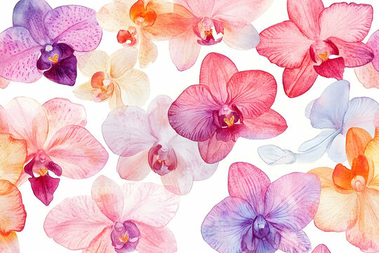 Vibrant orchid blossoms in pastel hues.