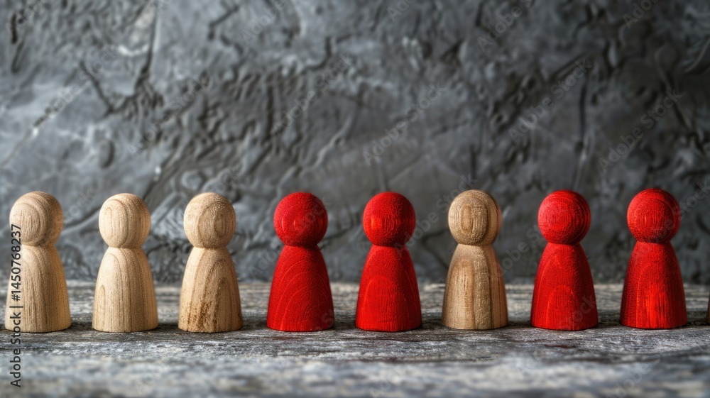 Poster this image features a series of wooden figures in red and natural wood tones, symbolizing group dyna