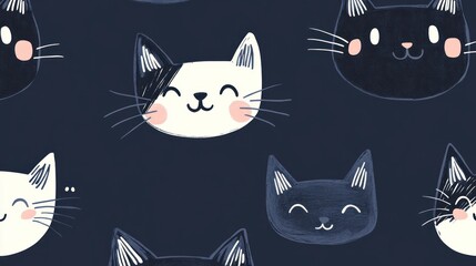 Seamless pattern with cute cartoon cat faces in black and white on navy blue background.
