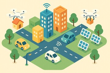 Smart city illustration with autonomous cars, drones, solar panels, and connected buildings representing futuristic urban technology and sustainable infrastructure
