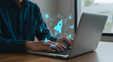 Business startup strategy on laptop for digital marketing and online business growth concept idea