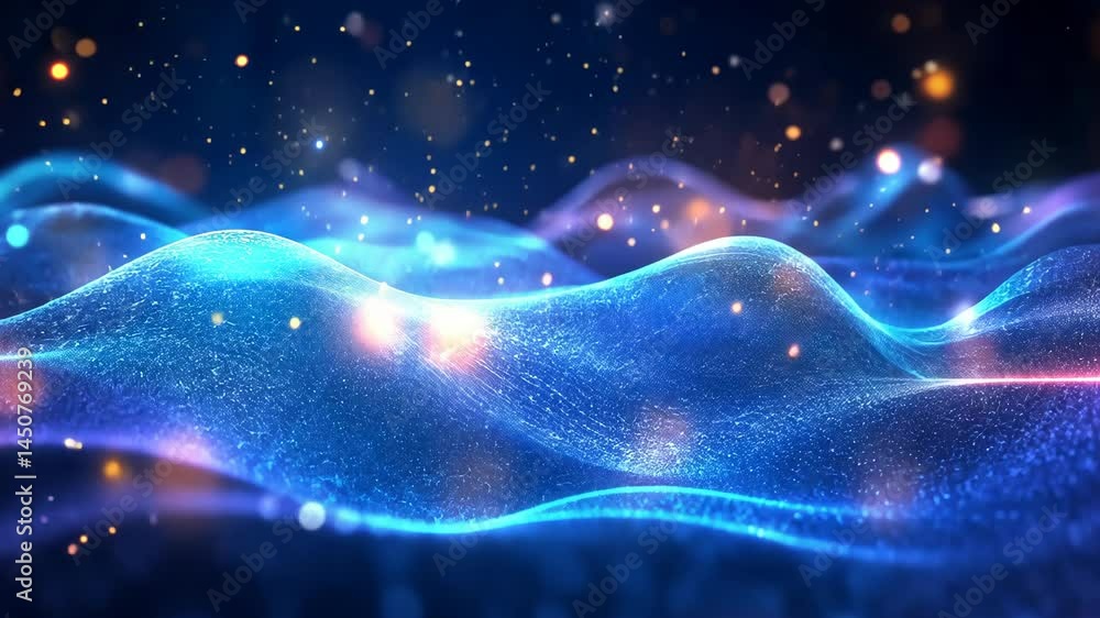 Poster dynamic wave of neon light particles in motion against a dark background
