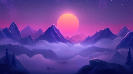 Pink sunset over misty mountains.